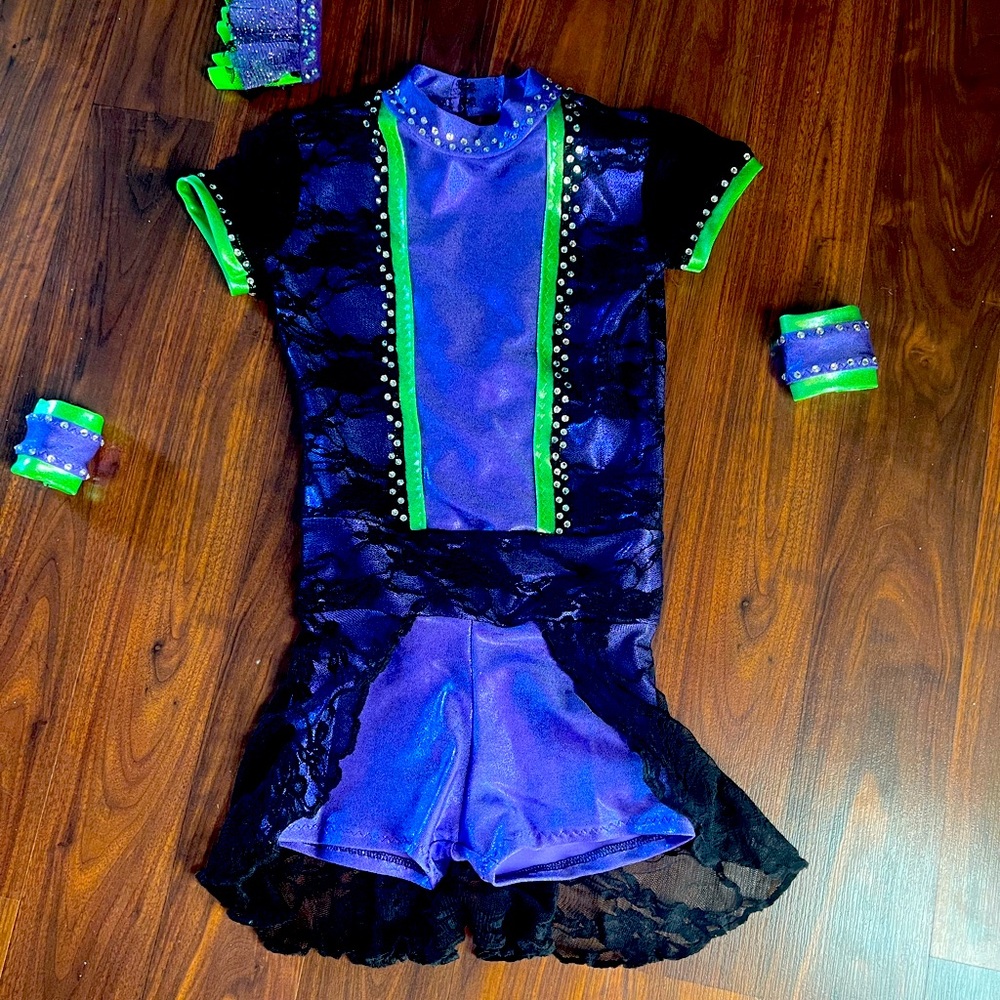 Cute Green, Purple, and black dance costume with matching headpiece